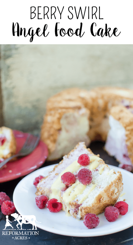 Made with a dozen eggs, Berry Swirl Angel Food Cake is a true farmstead cake! And our favorite way to use up a surplus when the hens lay abundantly in the spring. Also has a recipe for Honey Meringue Frosting