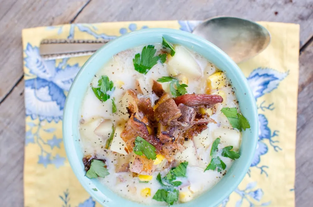corn chowder (4 of 4) in blue bowl