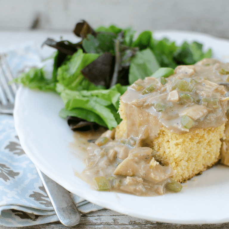 Creamed Chicken Over Cornbread Recipe Creamed Chicken over Cornbread on white plate