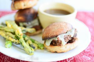 Slow Cooker French Dip Sandwiches on white plate