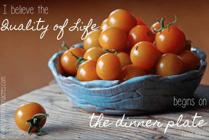 Blue bowl of red cherry tomatos on a table I believe the quality of life begins on the dinner plate. - David Kline