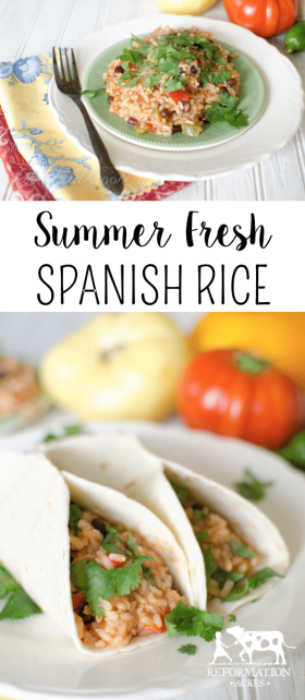 A bright, flavorful, and adaptable take on Spanish Rice using fresh vegetables from the garden or farmers' market. Enjoy it as a side or wrapped in a burrito for your main dish.