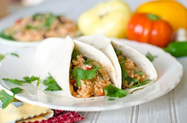 spanish rice on a white plate wrapped in tortillas