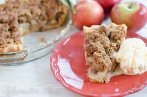 apple pie and ice cream close up on red plate