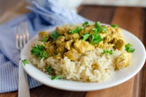 Butter Chicken-3 and rice on a white plate