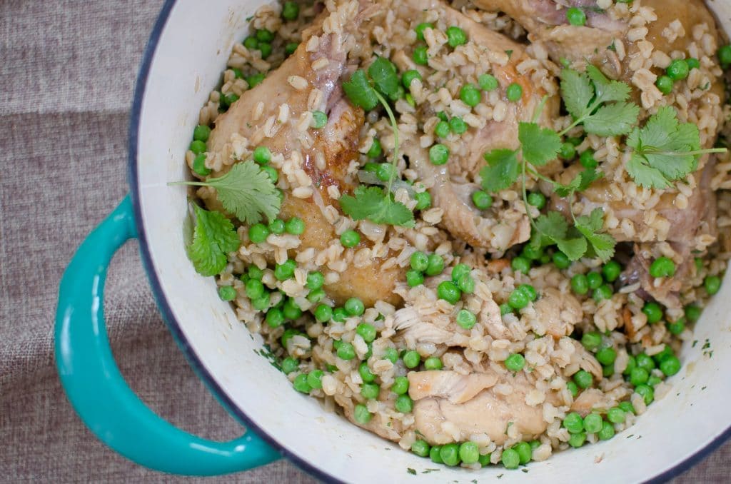 Chicken with Barley and Spring Peas
