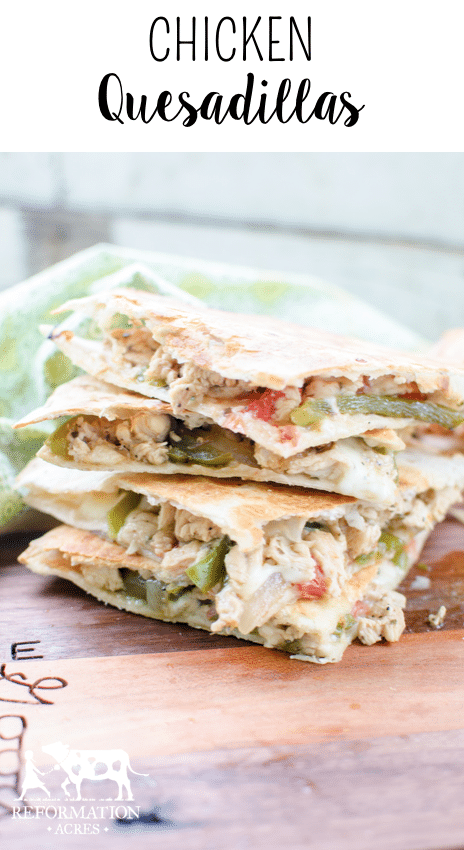 Chicken Quesadillas are a quick weeknight meal of seasoned chicken breasts, tomatoes, peppers, and monterey cheese toasted between two crispy tortillas.