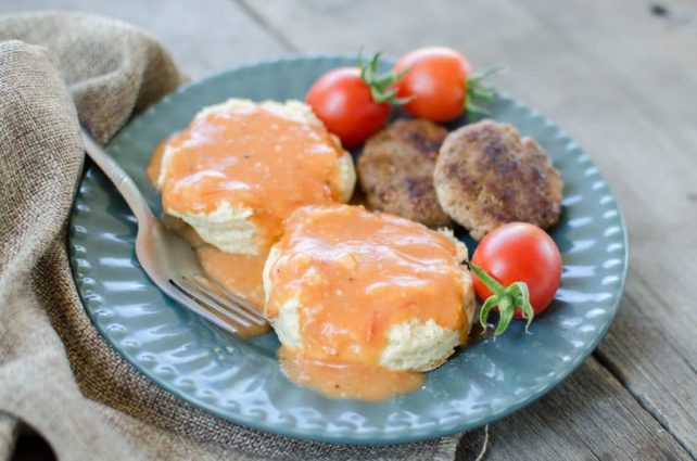 tomato-gravy-1-of-4Tomato Gravy over Buttermilk Biscuits with Homemade Sausage Patties