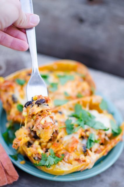 Turkey Enchilada Stuffed Spaghetti Squash- Great meal for leftover turkey or chicken!
