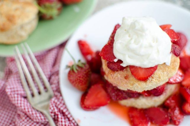 Strawberry Shortcake with Honey Sourdough Biscuits (5 of 5) on white plate with fork