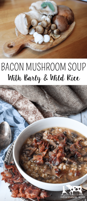 Want a warm soup to serve on a cold winter day? This recipe for Bacon Mushroom Soup with Barley & Wild Rice is ready in less than an hour but tastes like you've been slow cooking it all day! #soup #bacon