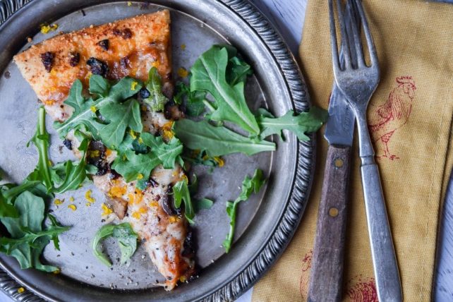 Homemade Bacon Mushroom Pizza with Arugula and Salt Cured Egg Yolks