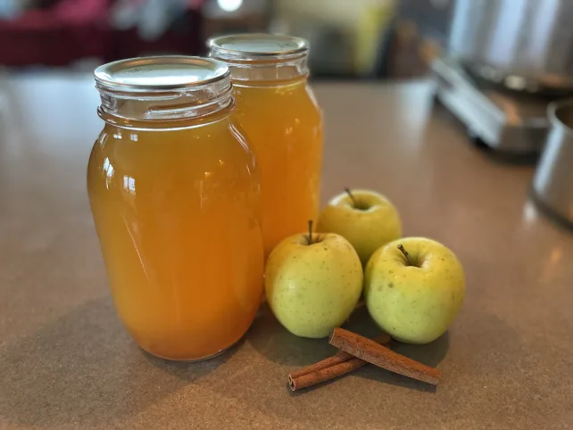 Canned homemade apple cider with apples and cinnamon sticks