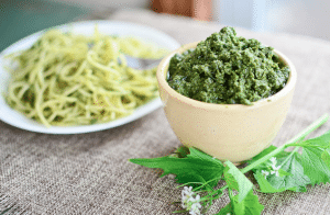 garlic and mustard pesto in dish next to plate of pasta