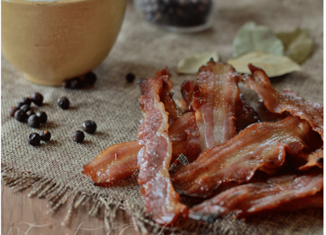 pile of bacon on table