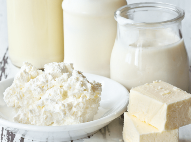 dairy milk in jar and cheese on plate