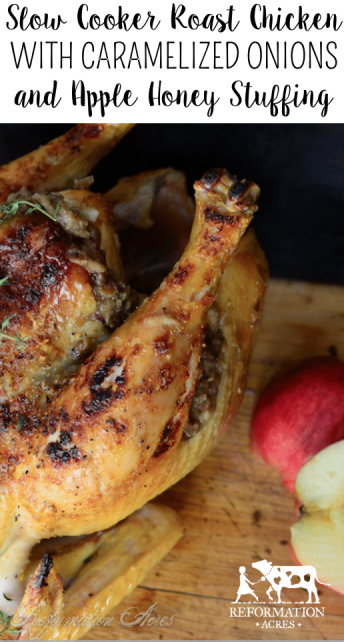 Slow Cooker Roast Chicken with Caramelized Onion and Apple Honey Stuffing